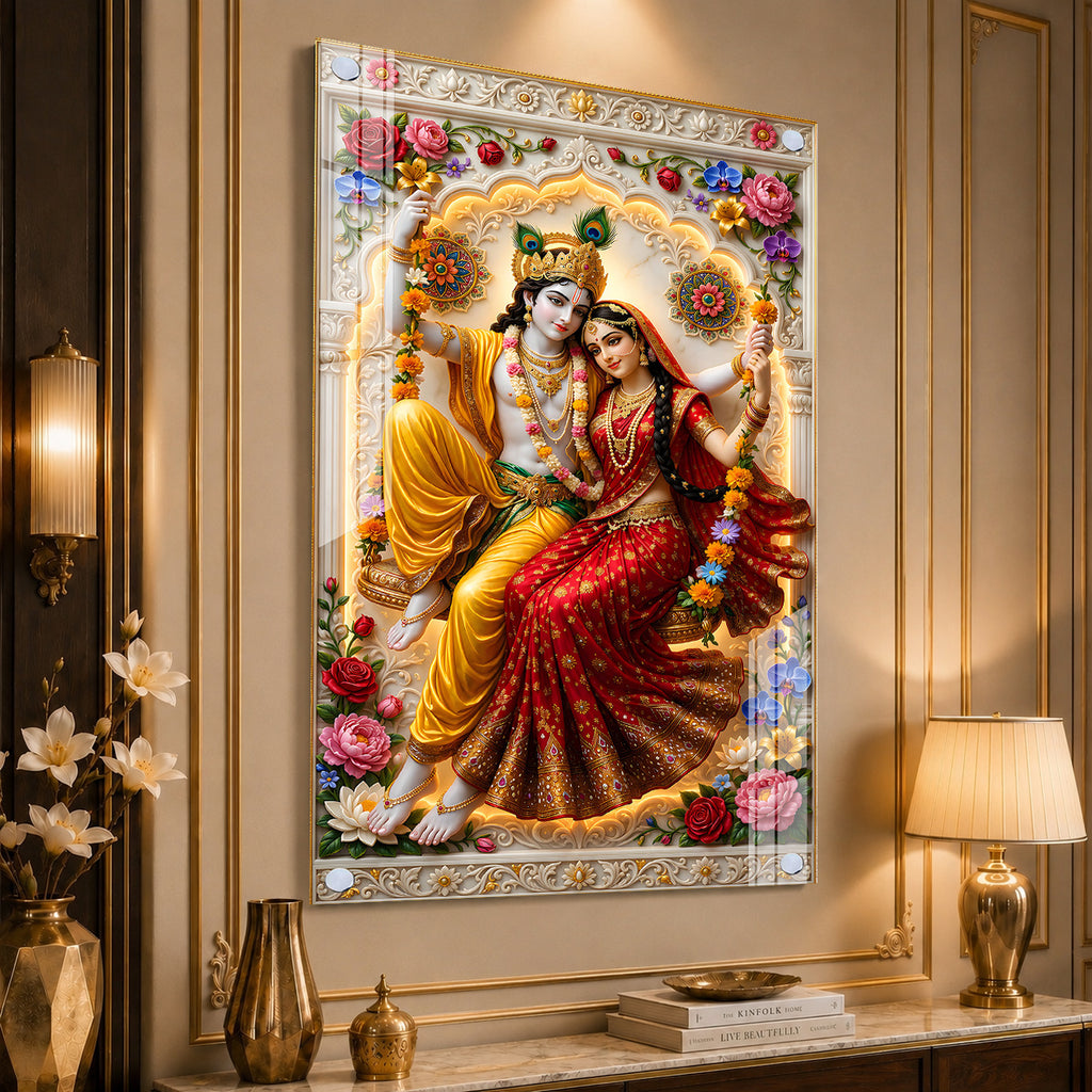Luxury Radha Krishna Jhula Acrylic Wall Art for Living Room and Pooja Room Decor