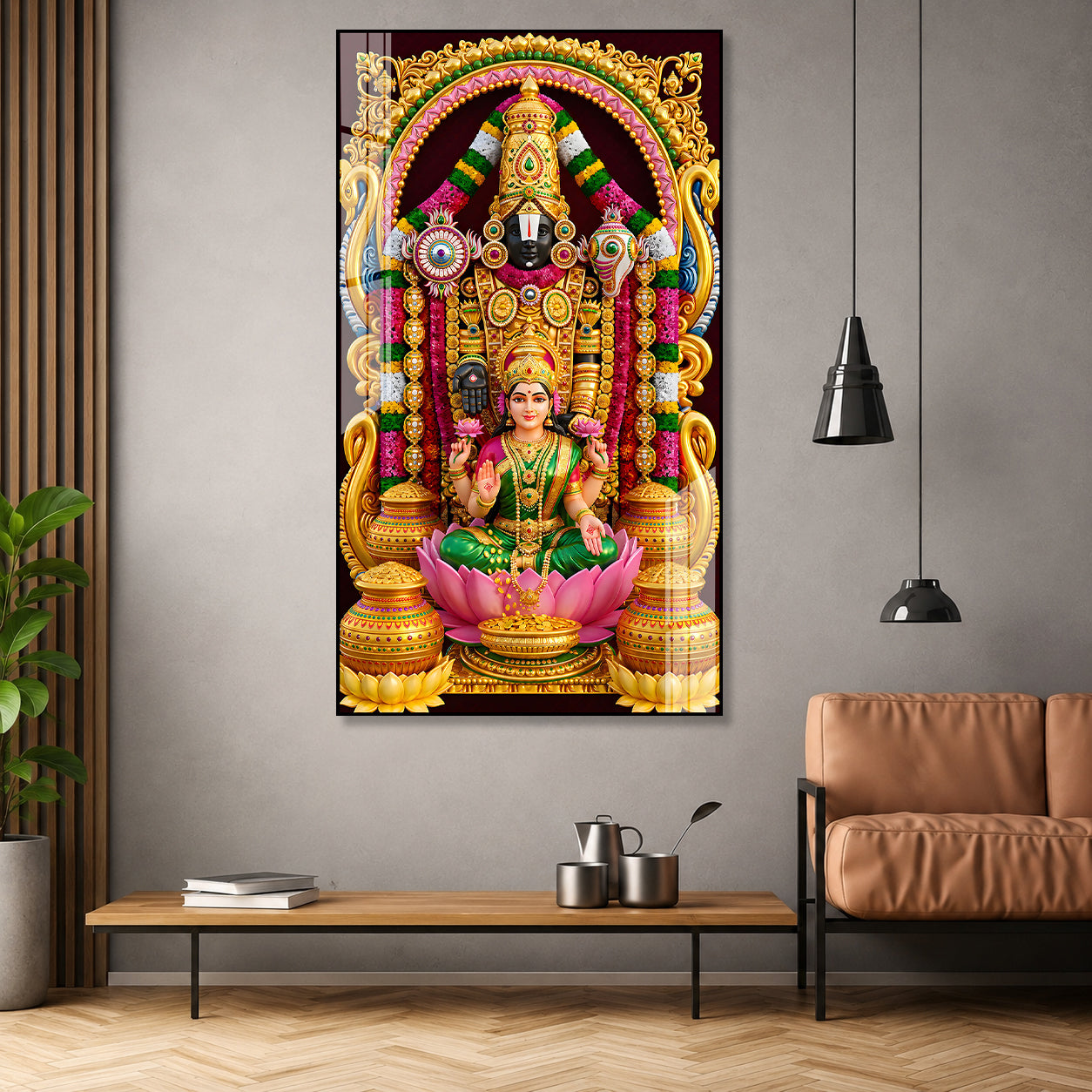 Luxury Hindu Religious Tirupati Balaji with Lakshmi Acrylic Painting for Interior Wall Decor