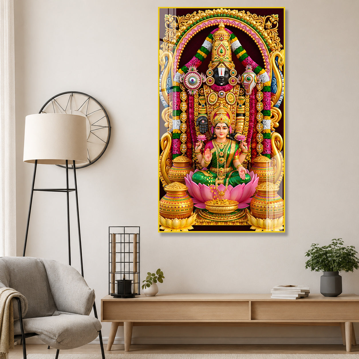 Luxury Hindu Religious Tirupati Balaji with Lakshmi Acrylic Painting for Interior Wall Decor