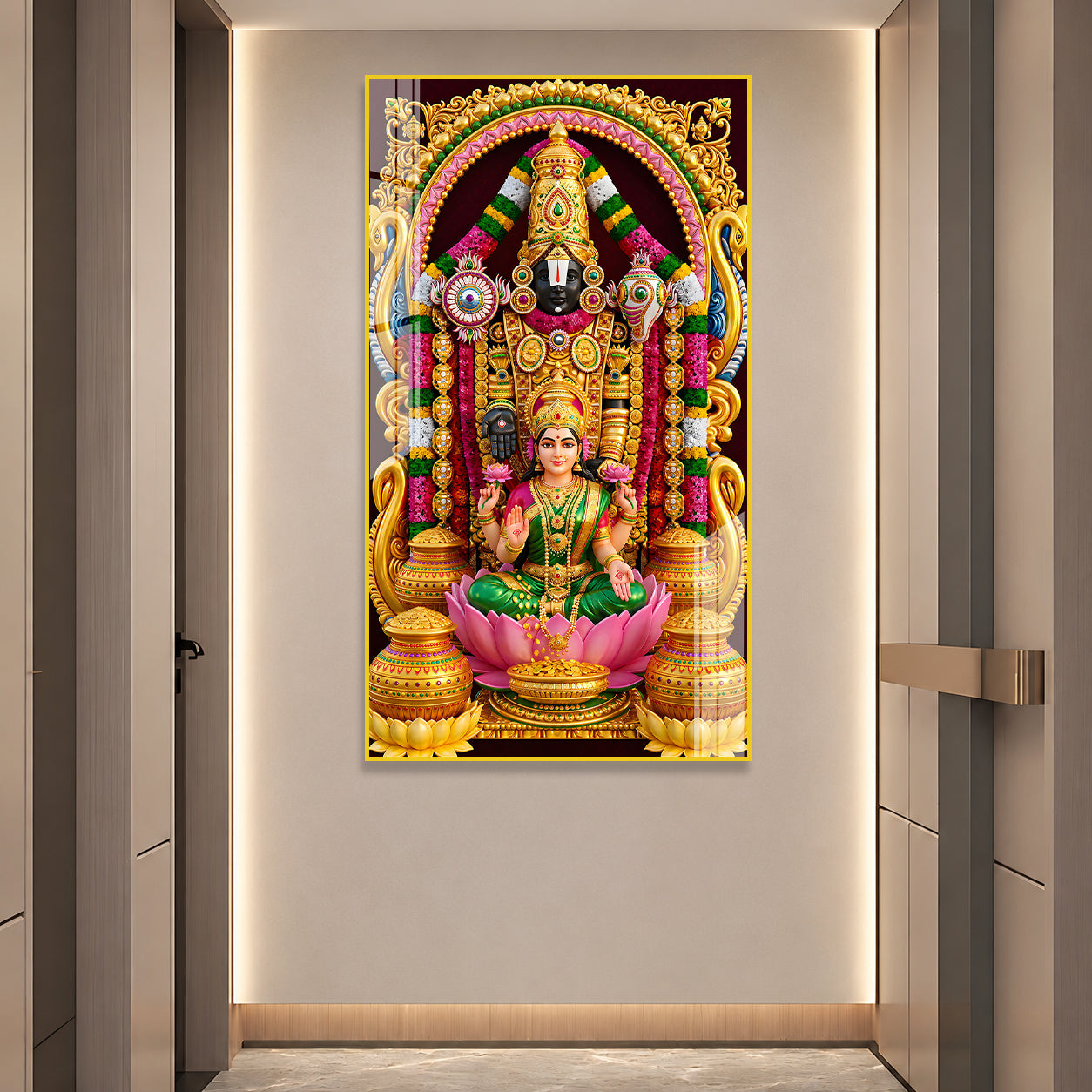 Luxury Hindu Religious Tirupati Balaji with Lakshmi Acrylic Painting for Interior Wall Decor