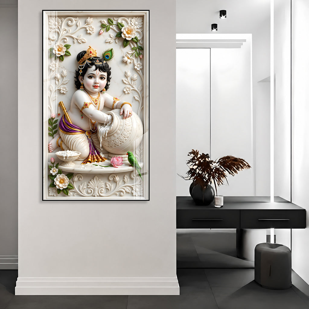 Luxury Laddu Gopal Krishna Acrylic Glass Wall Painting for Home Temple and Interior Decor