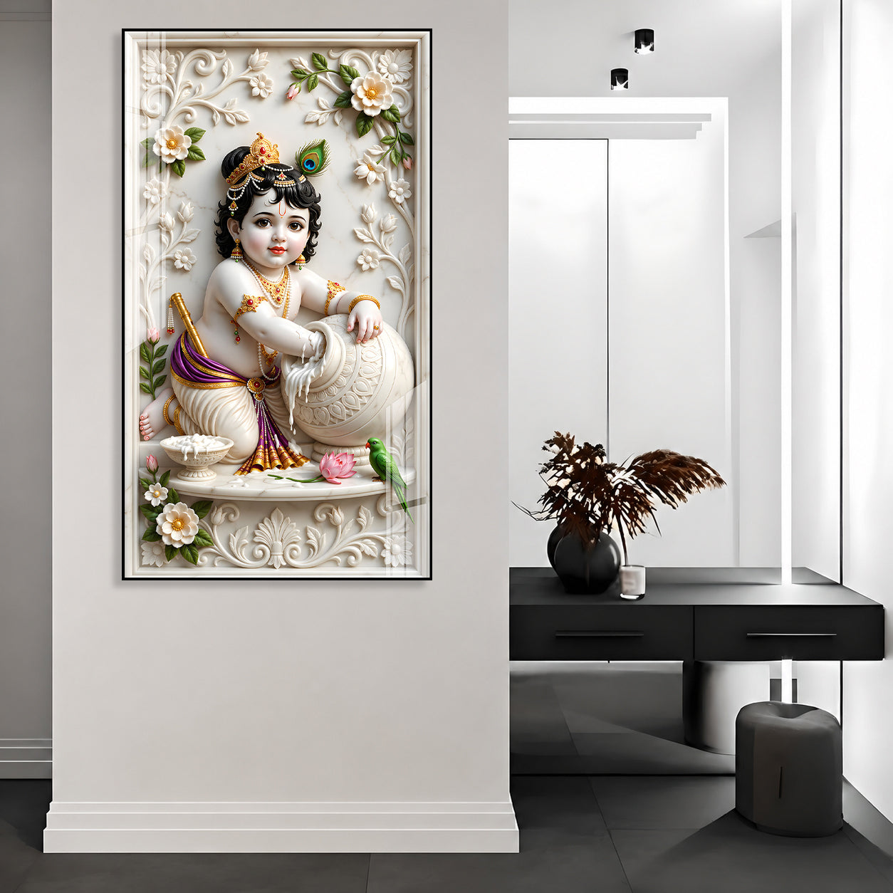 Luxury Laddu Gopal Krishna Acrylic Glass Wall Painting for Home Temple and Interior Decor
