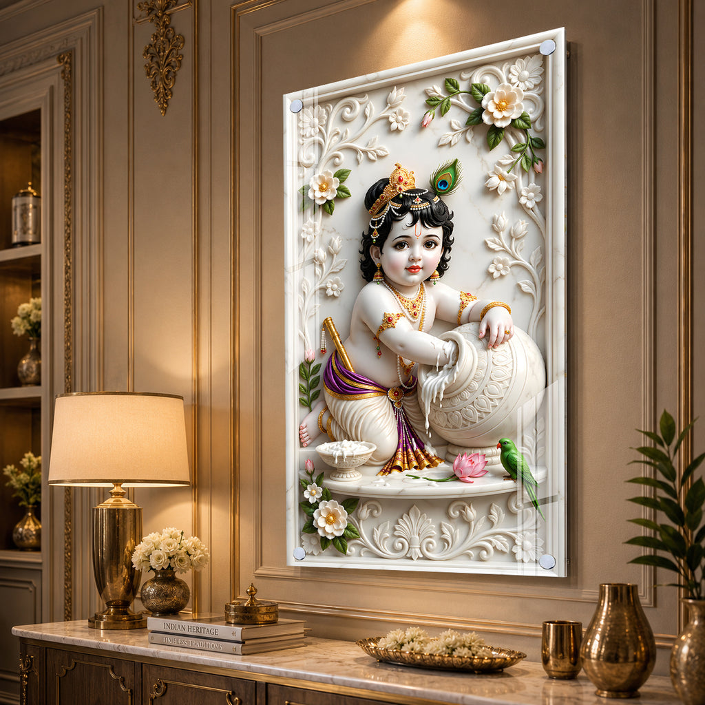 Luxury Laddu Gopal Krishna Acrylic Glass Wall Painting for Home Temple and Interior Decor