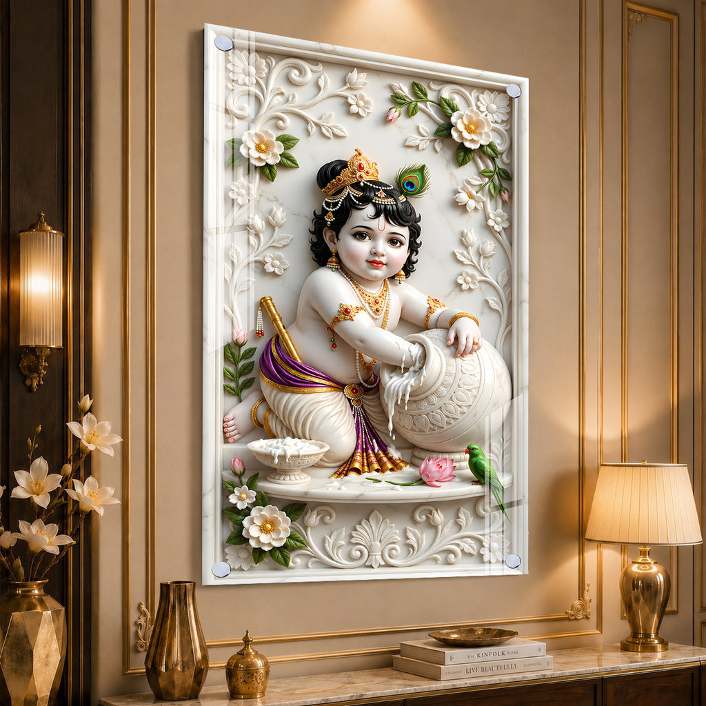 Luxury Laddu Gopal Krishna Acrylic Glass Wall Painting for Home Temple and Interior Decor