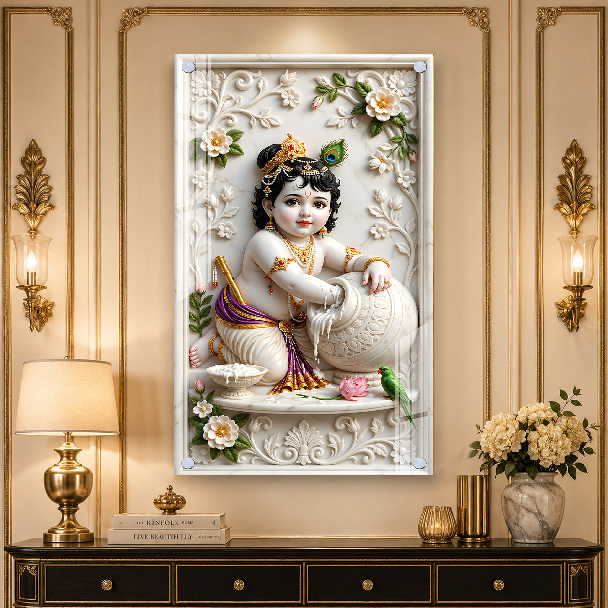 Luxury Laddu Gopal Krishna Acrylic Glass Wall Painting for Home Temple and Interior Decor
