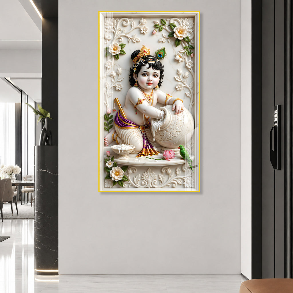 Luxury Laddu Gopal Krishna Acrylic Glass Wall Painting for Home Temple and Interior Decor