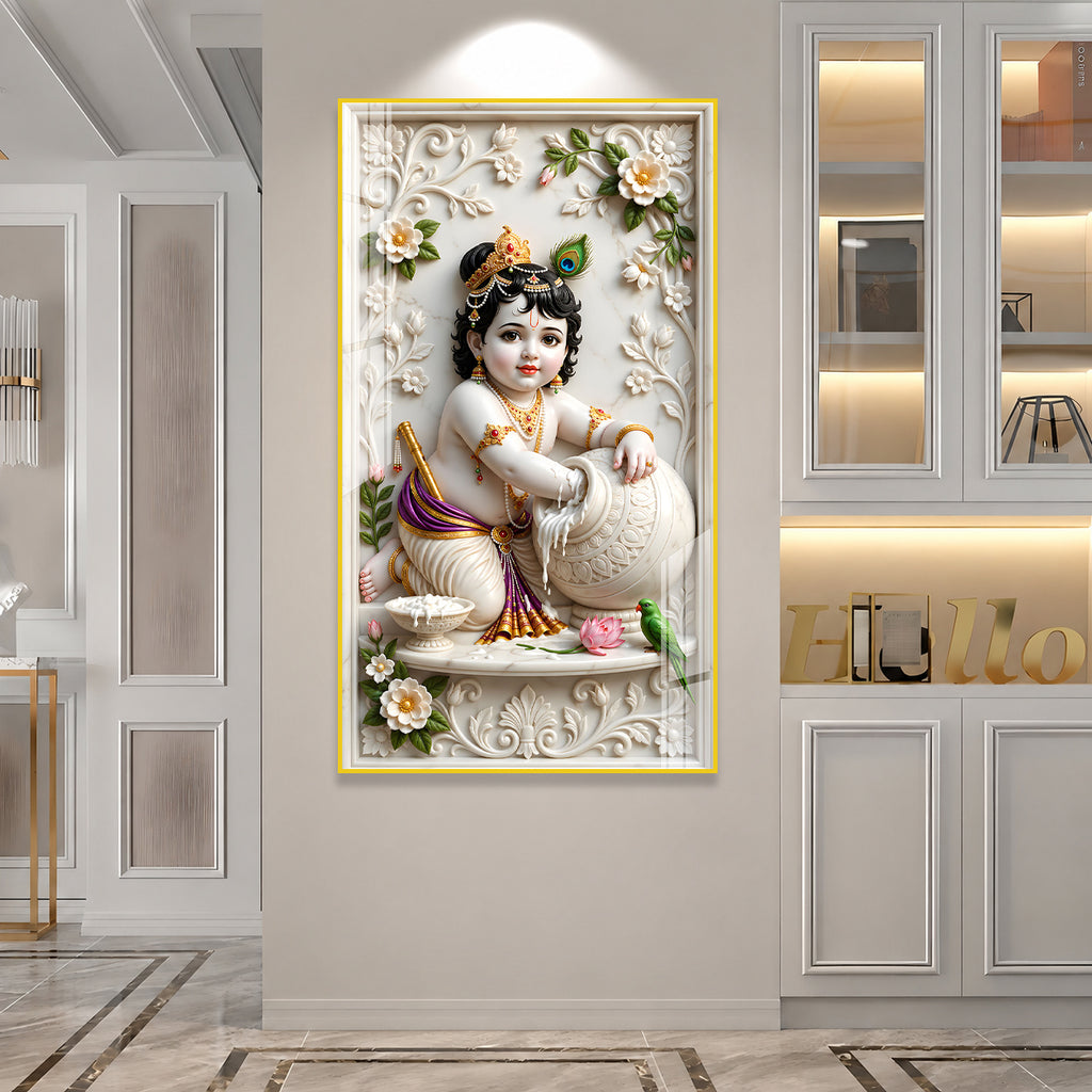 Luxury Laddu Gopal Krishna Acrylic Glass Wall Painting for Home Temple and Interior Decor