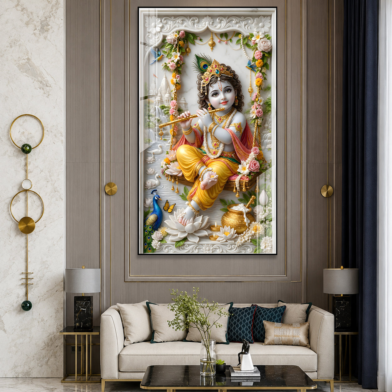 Premium Murli Manohar Baby Krishna Acrylic Wall Painting for Home Temple Interior Decor