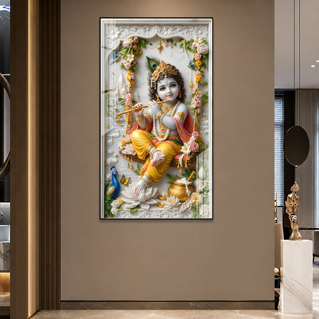 Premium Murli Manohar Baby Krishna Acrylic Wall Painting for Home Temple Interior Decor