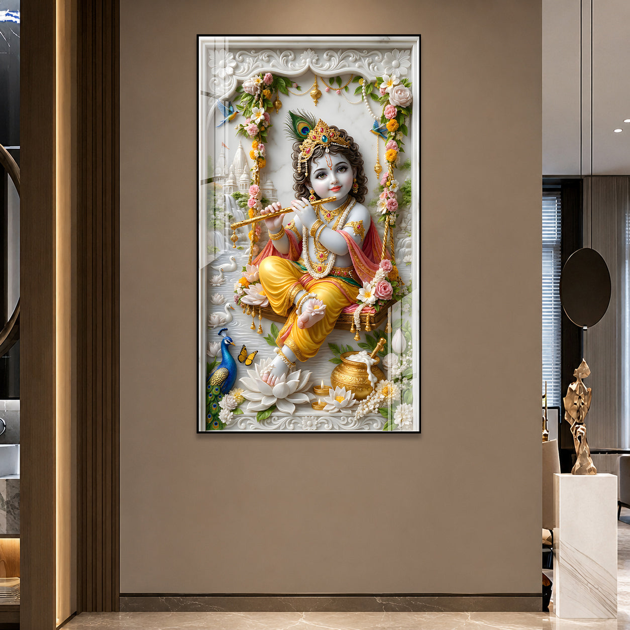 Premium Murli Manohar Baby Krishna Acrylic Wall Painting for Home Temple Interior Decor