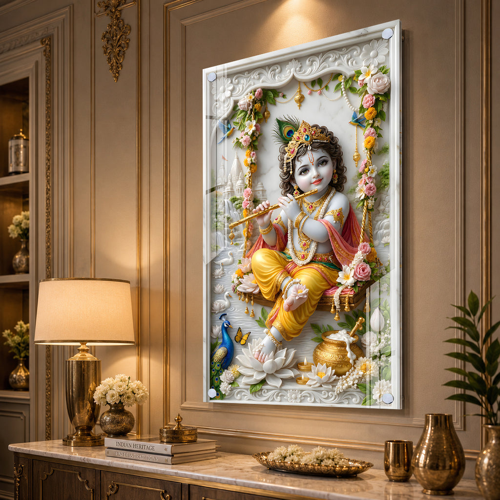 Premium Murli Manohar Baby Krishna Acrylic Wall Painting for Home Temple Interior Decor