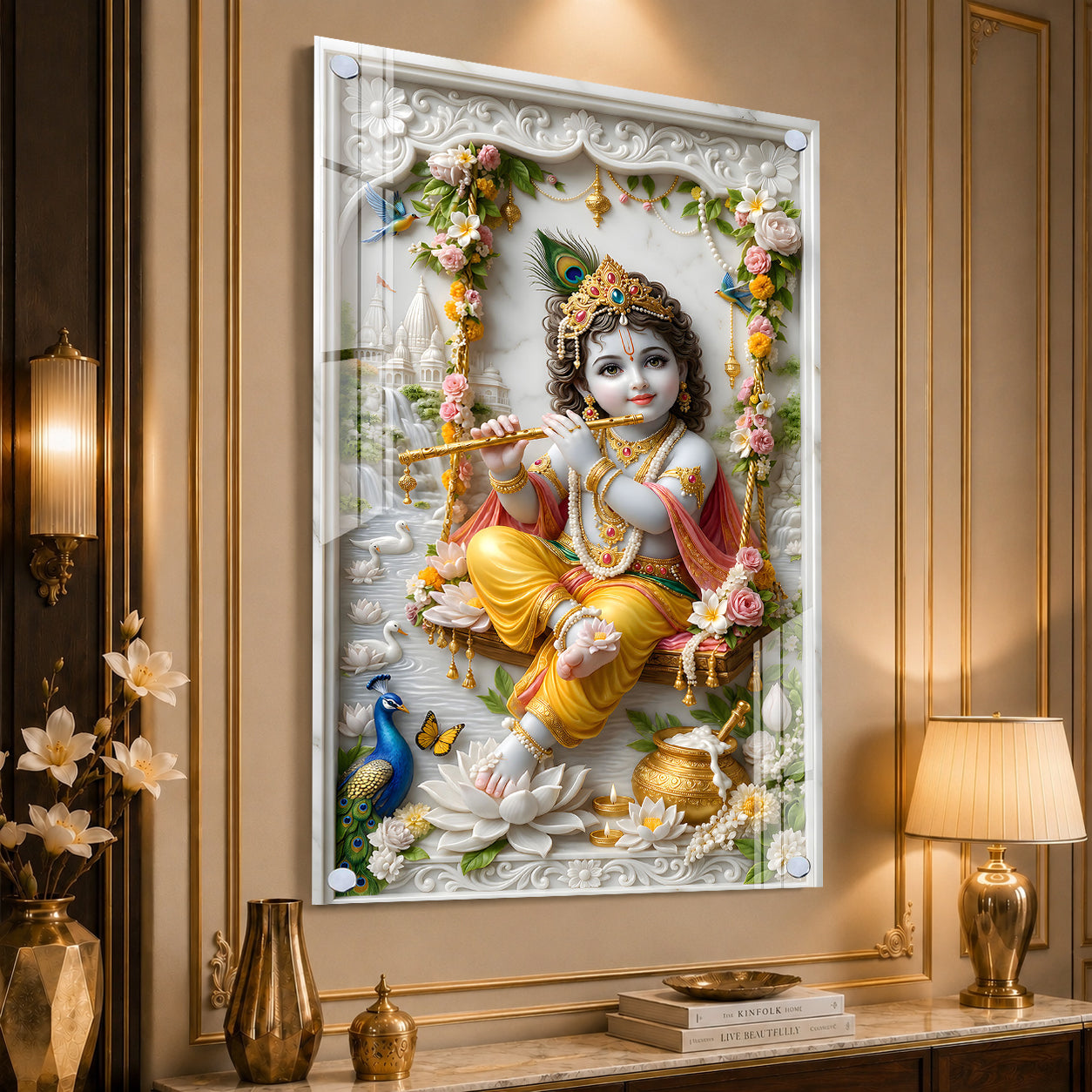 Premium Murli Manohar Baby Krishna Acrylic Wall Painting for Home Temple Interior Decor