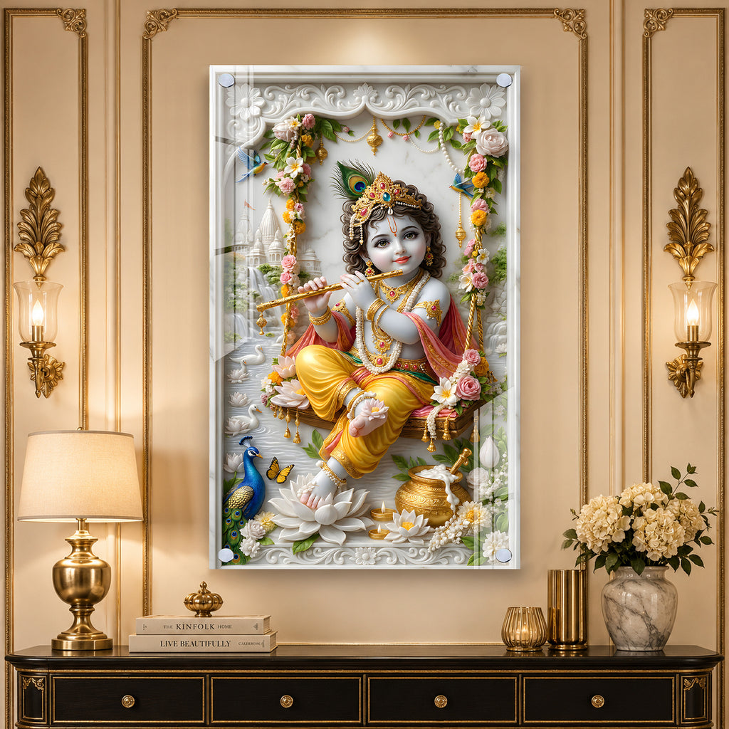Premium Murli Manohar Baby Krishna Acrylic Wall Painting for Home Temple Interior Decor