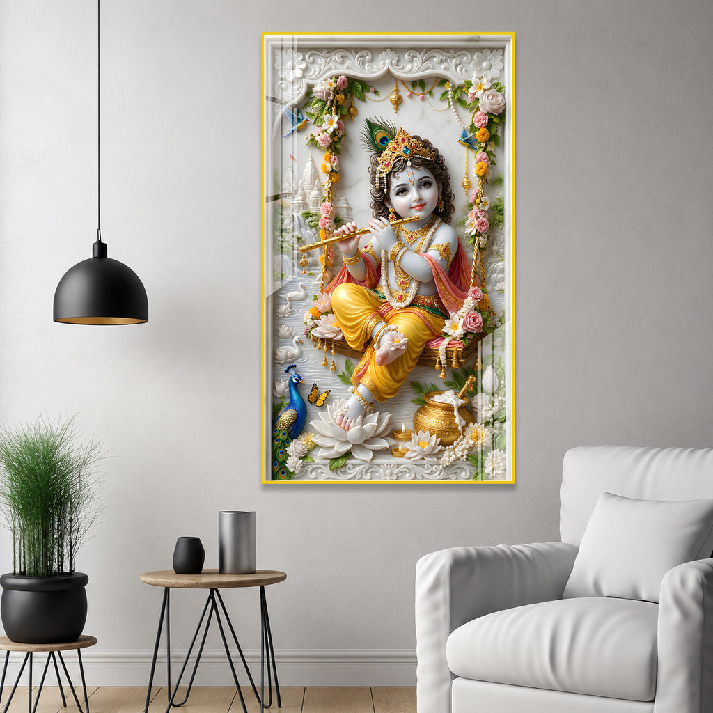 Premium Murli Manohar Baby Krishna Acrylic Wall Painting for Home Temple Interior Decor
