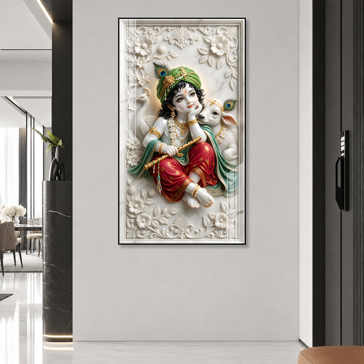 Premium Lord Krishna with Peacock Feather and Calf Acrylic Painting for Home Temple Decor