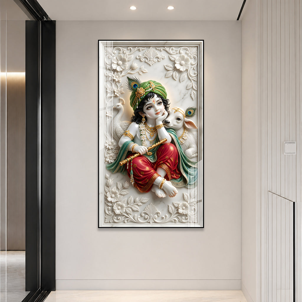 Premium Lord Krishna with Peacock Feather and Calf Acrylic Painting for Home Temple Decor