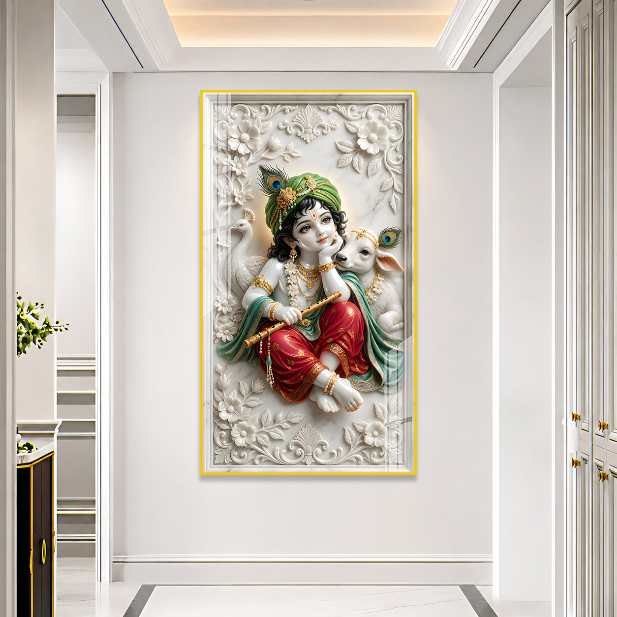 Premium Lord Krishna with Peacock Feather and Calf Acrylic Painting for Home Temple Decor