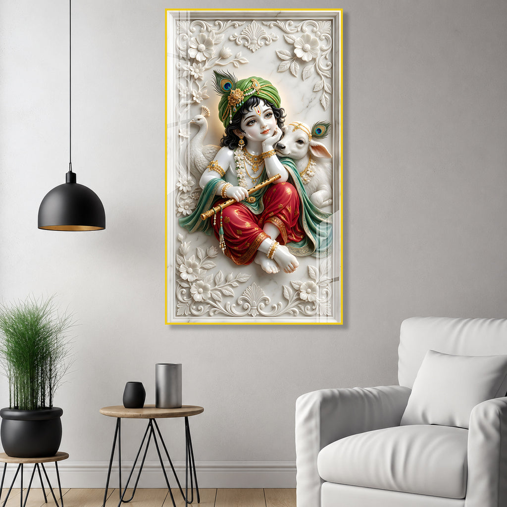 Premium Lord Krishna with Peacock Feather and Calf Acrylic Painting for Home Temple Decor