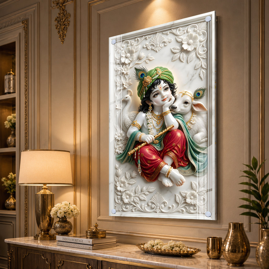 Premium Lord Krishna with Peacock Feather and Calf Acrylic Painting for Home Temple Decor