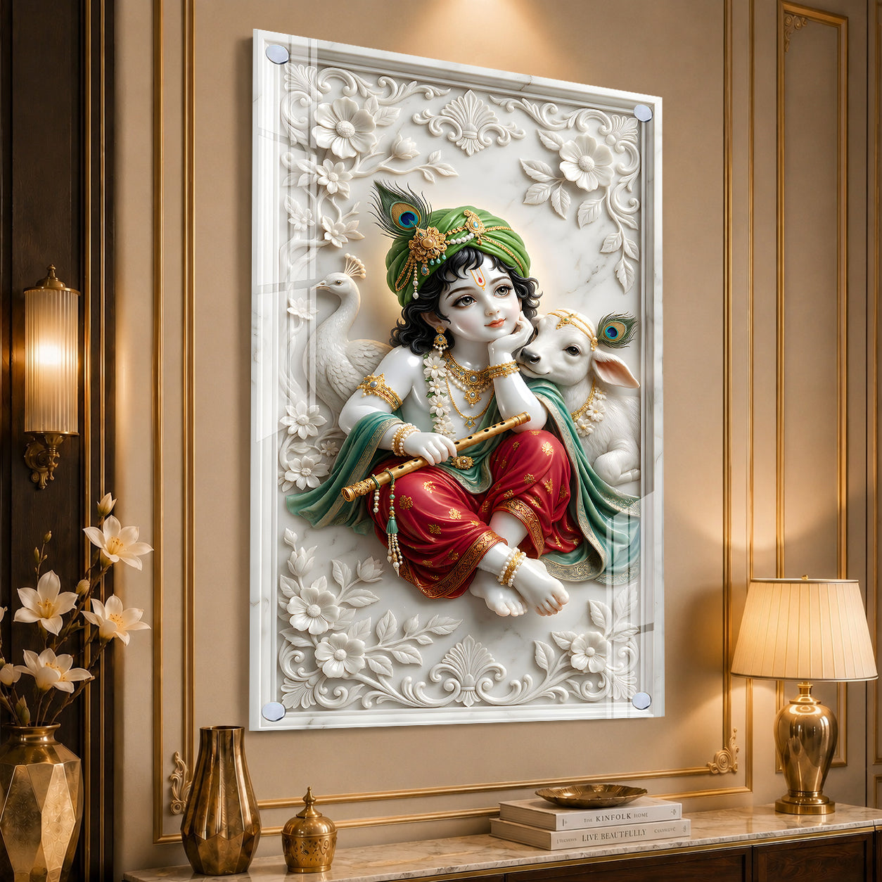 Premium Lord Krishna with Peacock Feather and Calf Acrylic Painting for Home Temple Decor