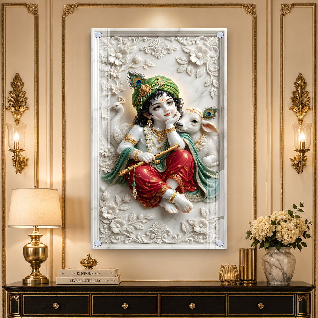 Premium Lord Krishna with Peacock Feather and Calf Acrylic Painting for Home Temple Decor