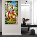 Sacred Shri Krishna with Gau Mata Acrylic Glass Wall Painting for Hindu Home Temple Decor