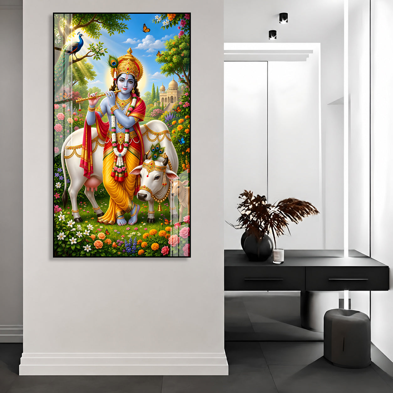 Sacred Shri Krishna with Gau Mata Acrylic Glass Wall Painting for Hindu Home Temple Decor