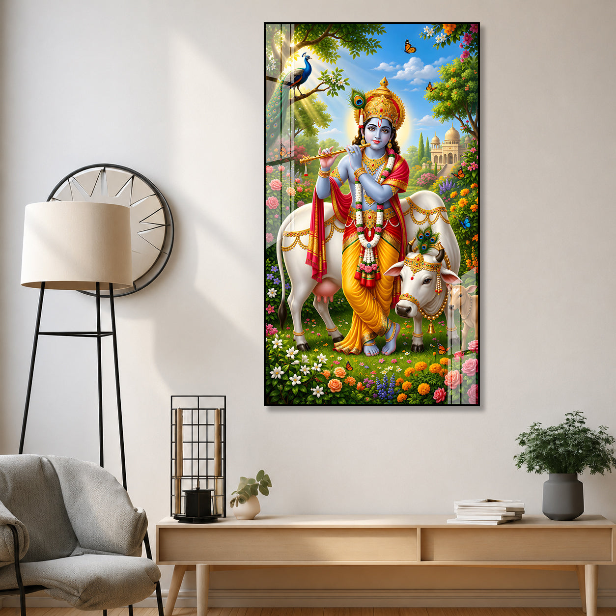 Sacred Shri Krishna with Gau Mata Acrylic Glass Wall Painting for Hindu Home Temple Decor