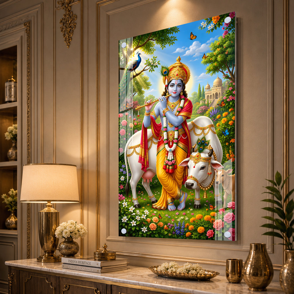 Sacred Shri Krishna with Gau Mata Acrylic Glass Wall Painting for Hindu Home Temple Decor