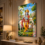 Sacred Shri Krishna with Gau Mata Acrylic Glass Wall Painting for Hindu Home Temple Decor