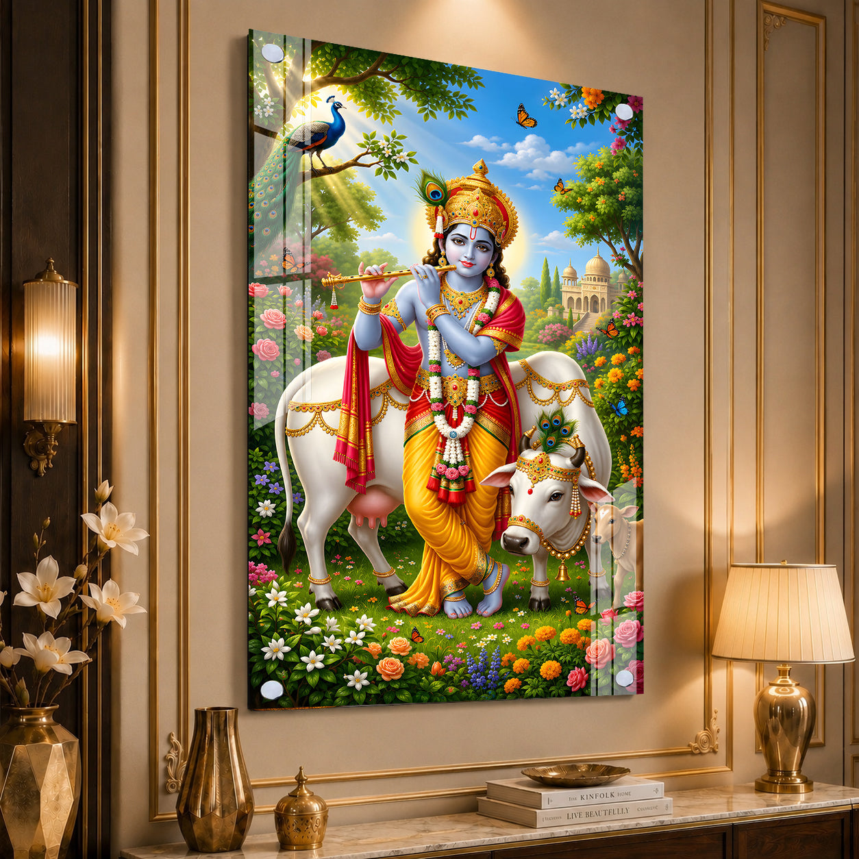 Sacred Shri Krishna with Gau Mata Acrylic Glass Wall Painting for Hindu Home Temple Decor