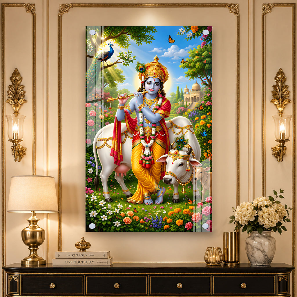 Sacred Shri Krishna with Gau Mata Acrylic Glass Wall Painting for Hindu Home Temple Decor