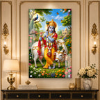 Sacred Shri Krishna with Gau Mata Acrylic Glass Wall Painting for Hindu Home Temple Decor