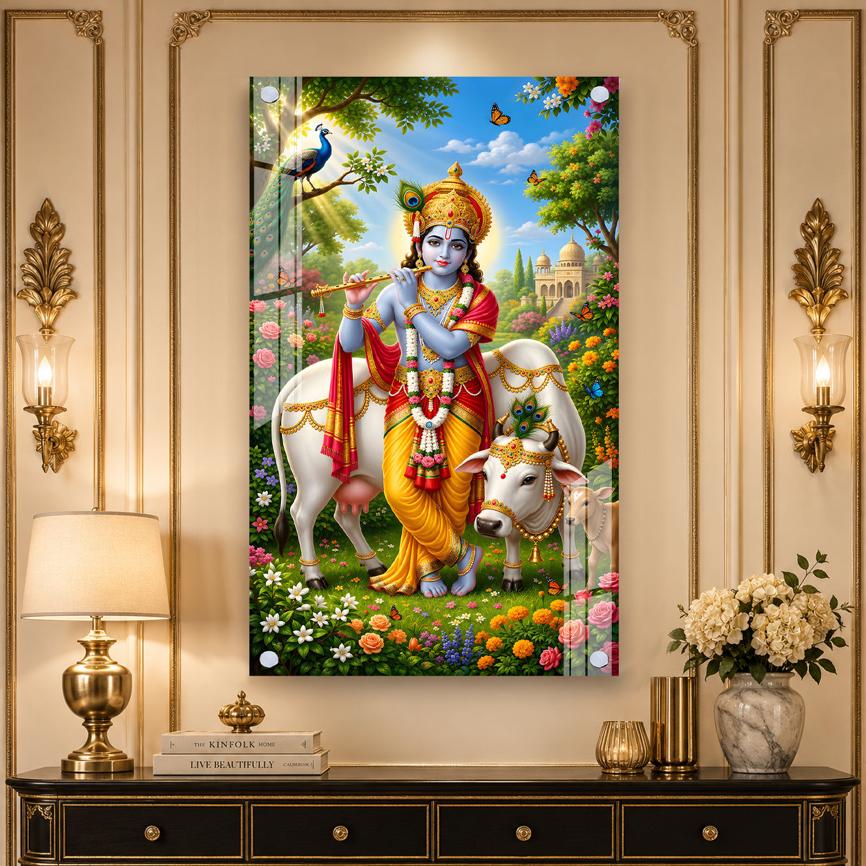 Sacred Shri Krishna with Gau Mata Acrylic Glass Wall Painting for Hindu Home Temple Decor