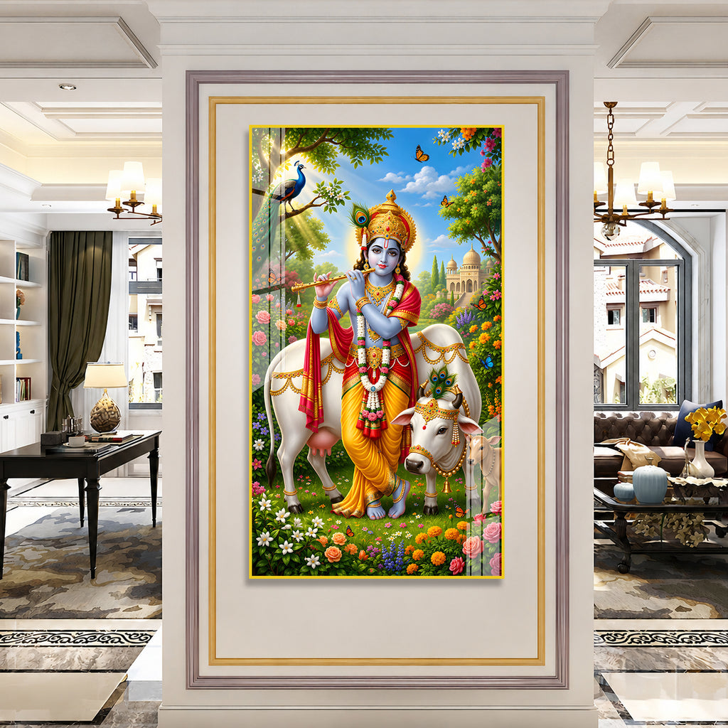 Sacred Shri Krishna with Gau Mata Acrylic Glass Wall Painting for Hindu Home Temple Decor