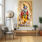 Krishna Playing Flute with Sacred Cow Acrylic Wall Painting for Religious Home Decor