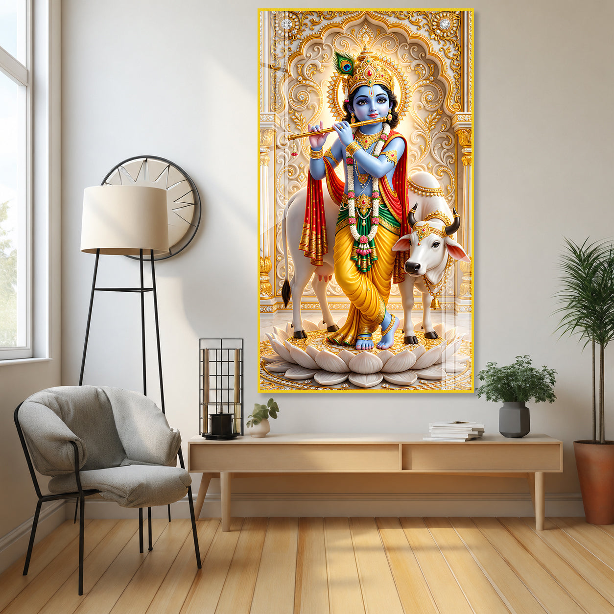 Krishna Playing Flute with Sacred Cow Acrylic Wall Painting for Religious Home Decor