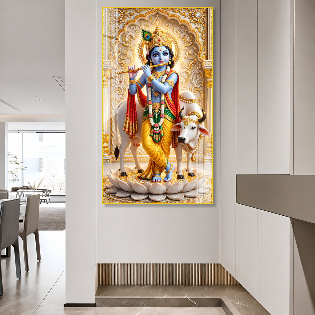 Krishna Playing Flute with Sacred Cow Acrylic Wall Painting for Religious Home Decor