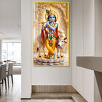 Krishna Playing Flute with Sacred Cow Acrylic Wall Painting for Religious Home Decor
