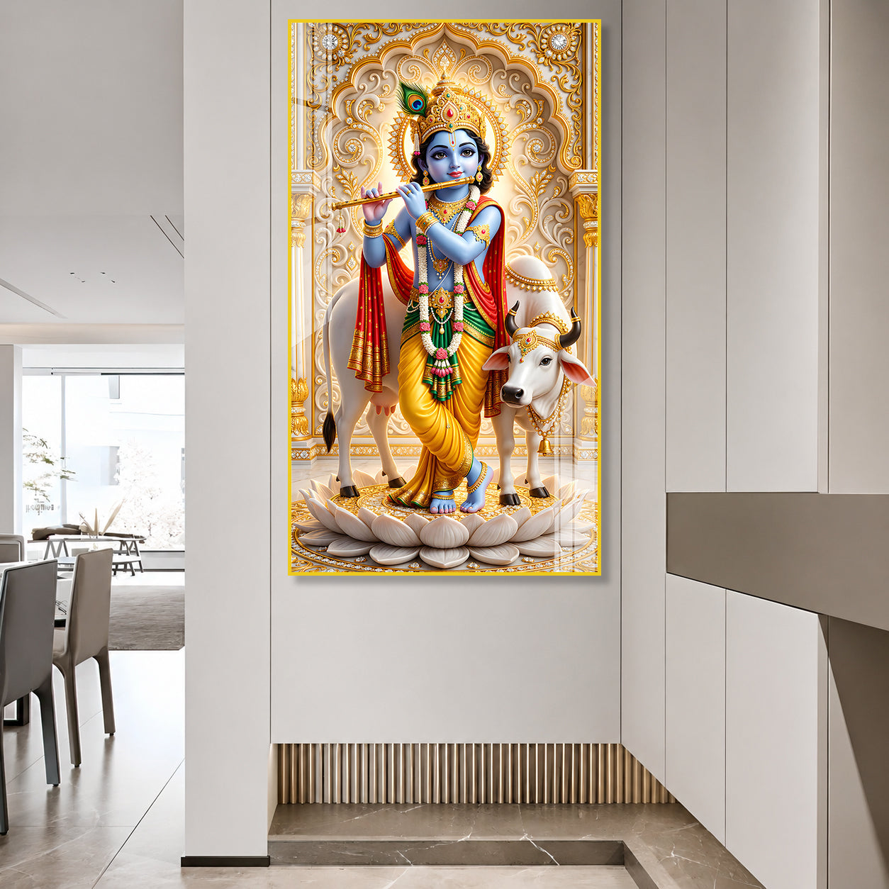 Krishna Playing Flute with Sacred Cow Acrylic Wall Painting for Religious Home Decor