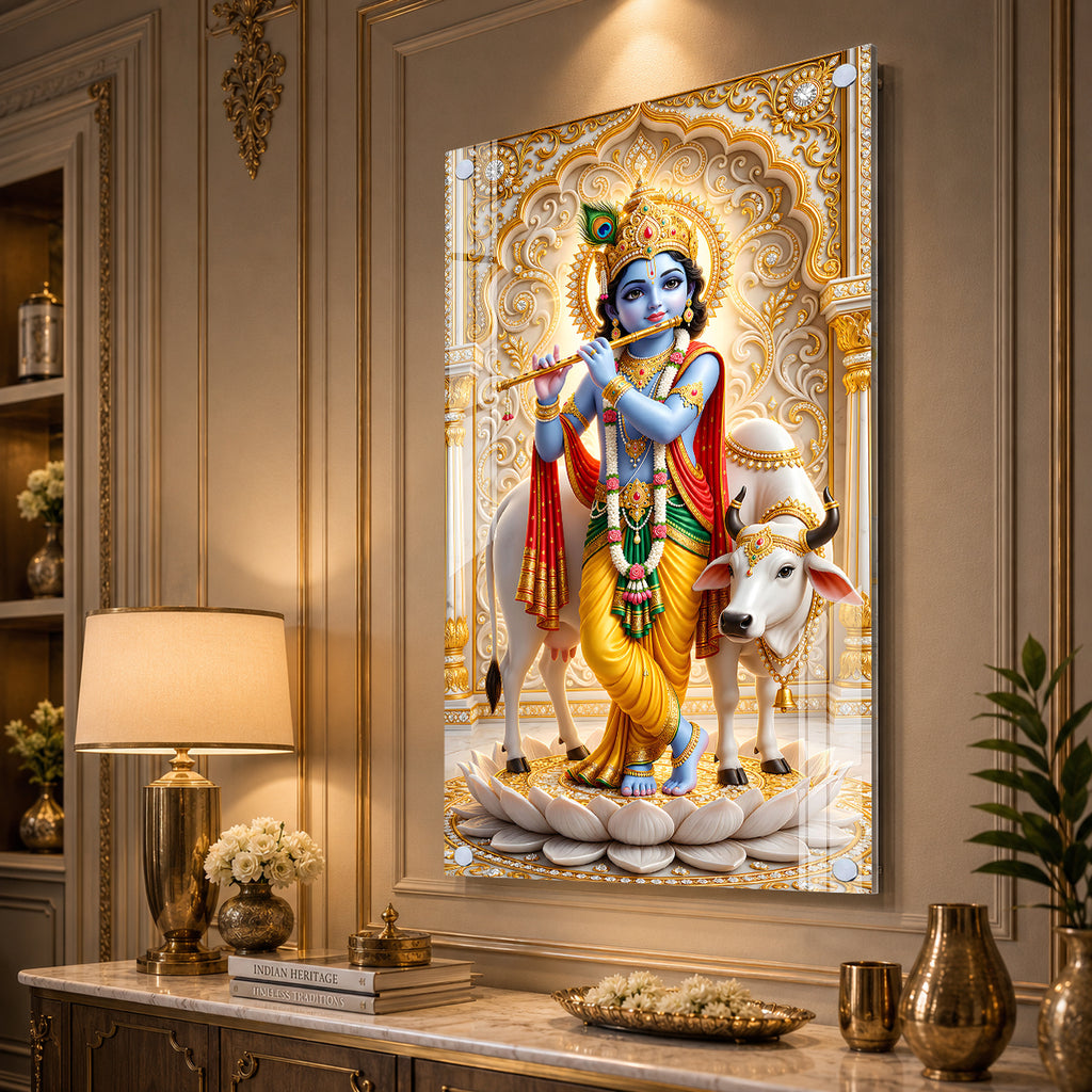 Krishna Playing Flute with Sacred Cow Acrylic Wall Painting for Religious Home Decor