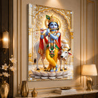 Krishna Playing Flute with Sacred Cow Acrylic Wall Painting for Religious Home Decor