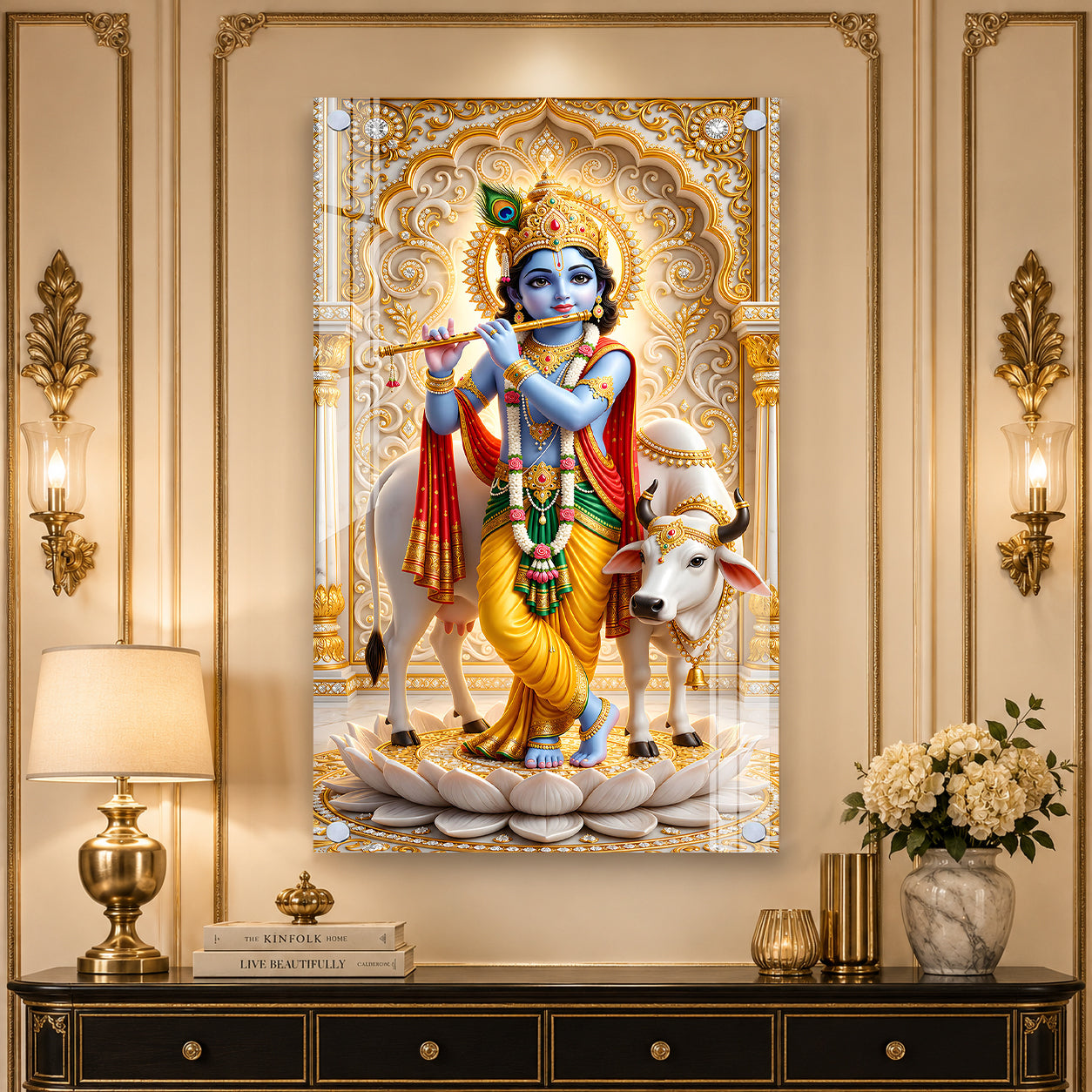 Krishna Playing Flute with Sacred Cow Acrylic Wall Painting for Religious Home Decor