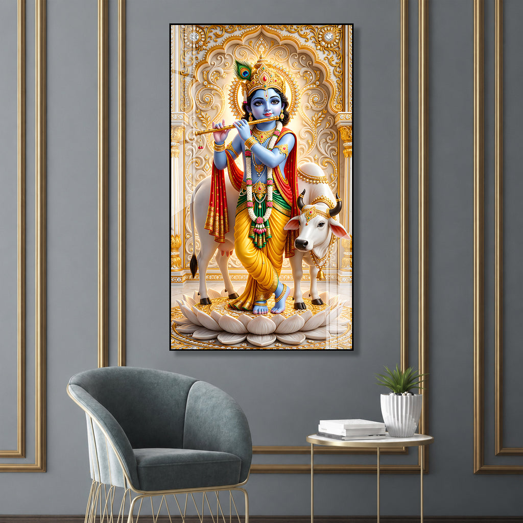 Krishna Playing Flute with Sacred Cow Acrylic Wall Painting for Religious Home Decor