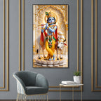 Krishna Playing Flute with Sacred Cow Acrylic Wall Painting for Religious Home Decor