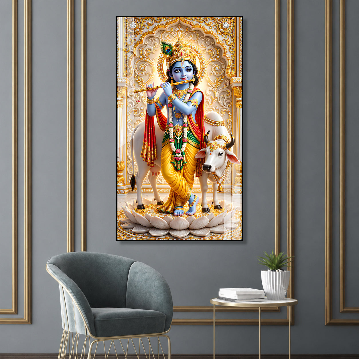 Krishna Playing Flute with Sacred Cow Acrylic Wall Painting for Religious Home Decor