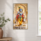 Krishna Playing Flute with Sacred Cow Acrylic Wall Painting for Religious Home Decor