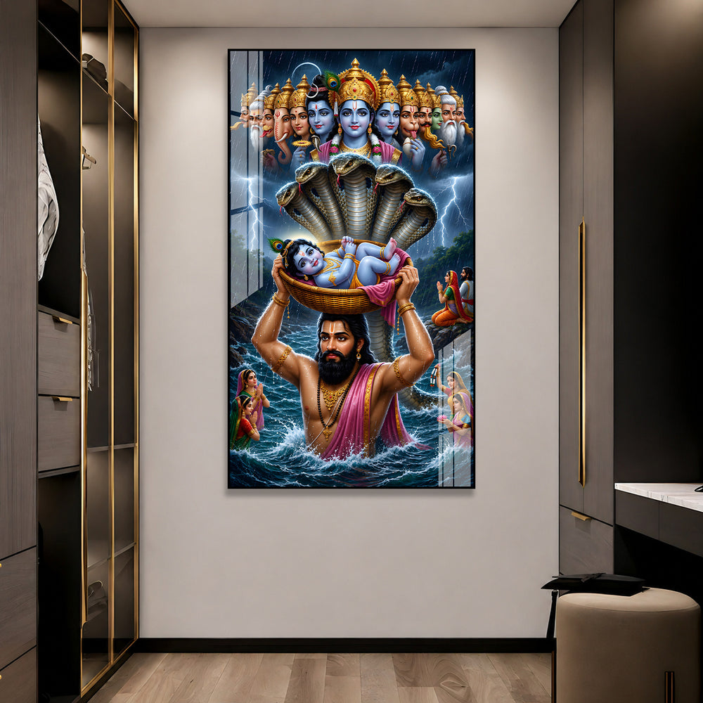 Premium Vasudeva Carrying Bal Krishna Acrylic Wall Painting for Spiritual Home Decoration