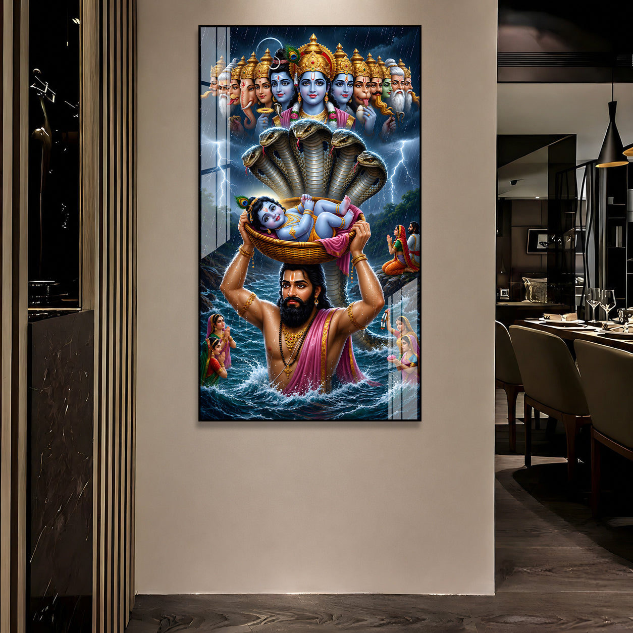 Premium Vasudeva Carrying Bal Krishna Acrylic Wall Painting for Spiritual Home Decoration