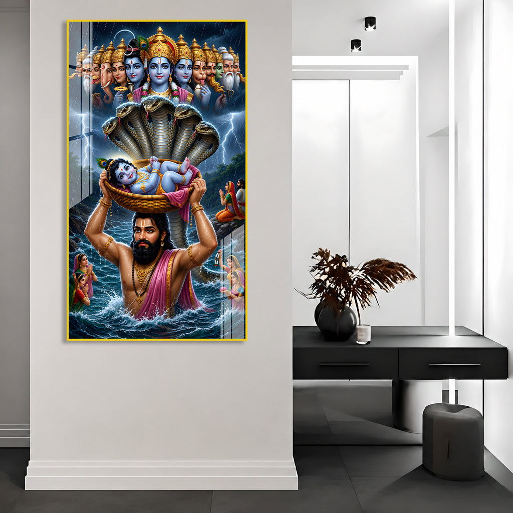 Premium Vasudeva Carrying Bal Krishna Acrylic Wall Painting for Spiritual Home Decoration